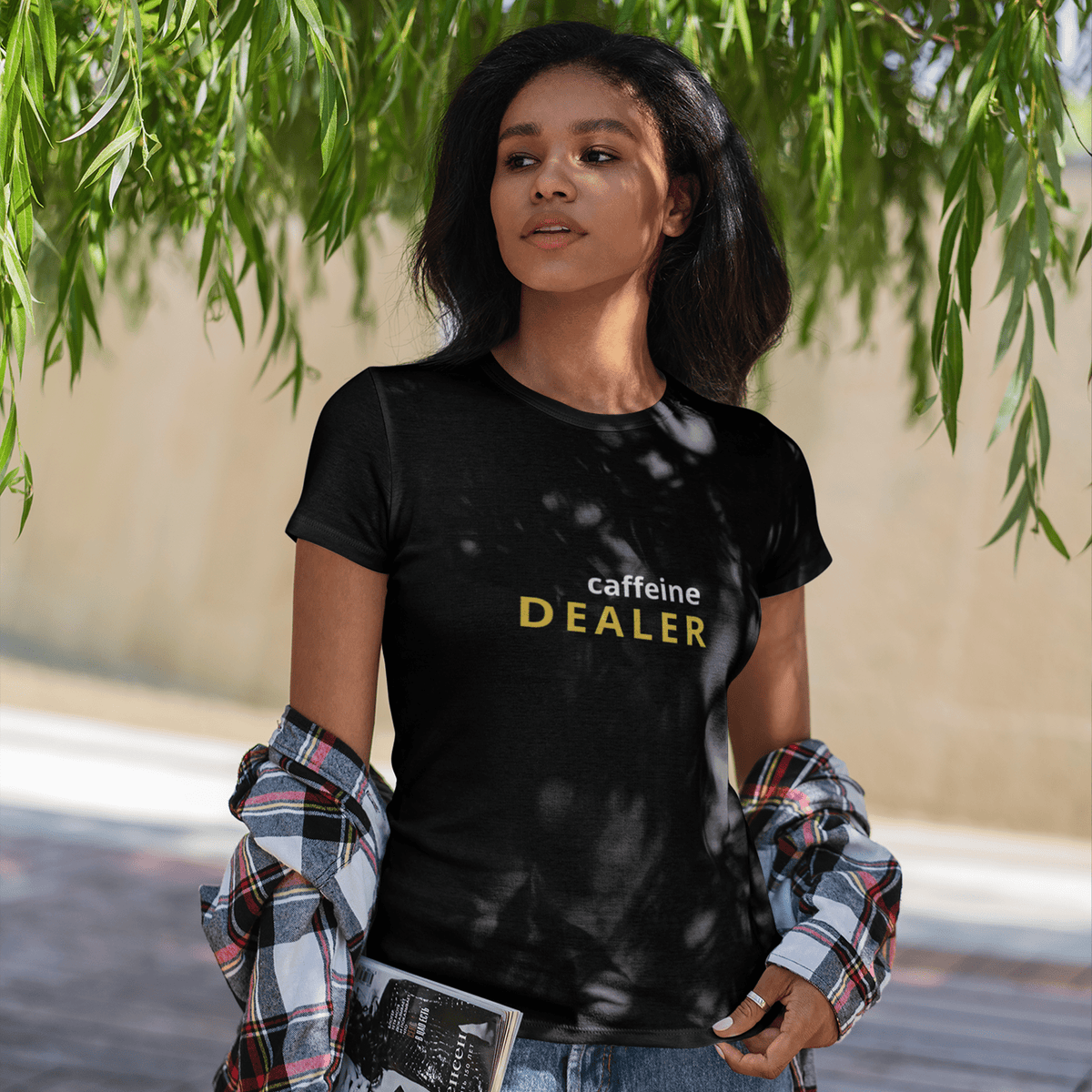 caffeine dealer t-shirt, funny coffee lover tee with minimal streetwear graphic design