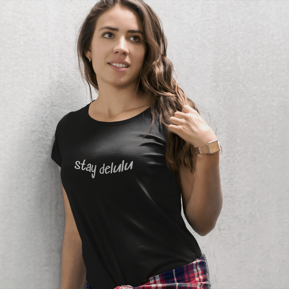 stay delulu t-shirt, funny meme graphic tee with viral internet slang design