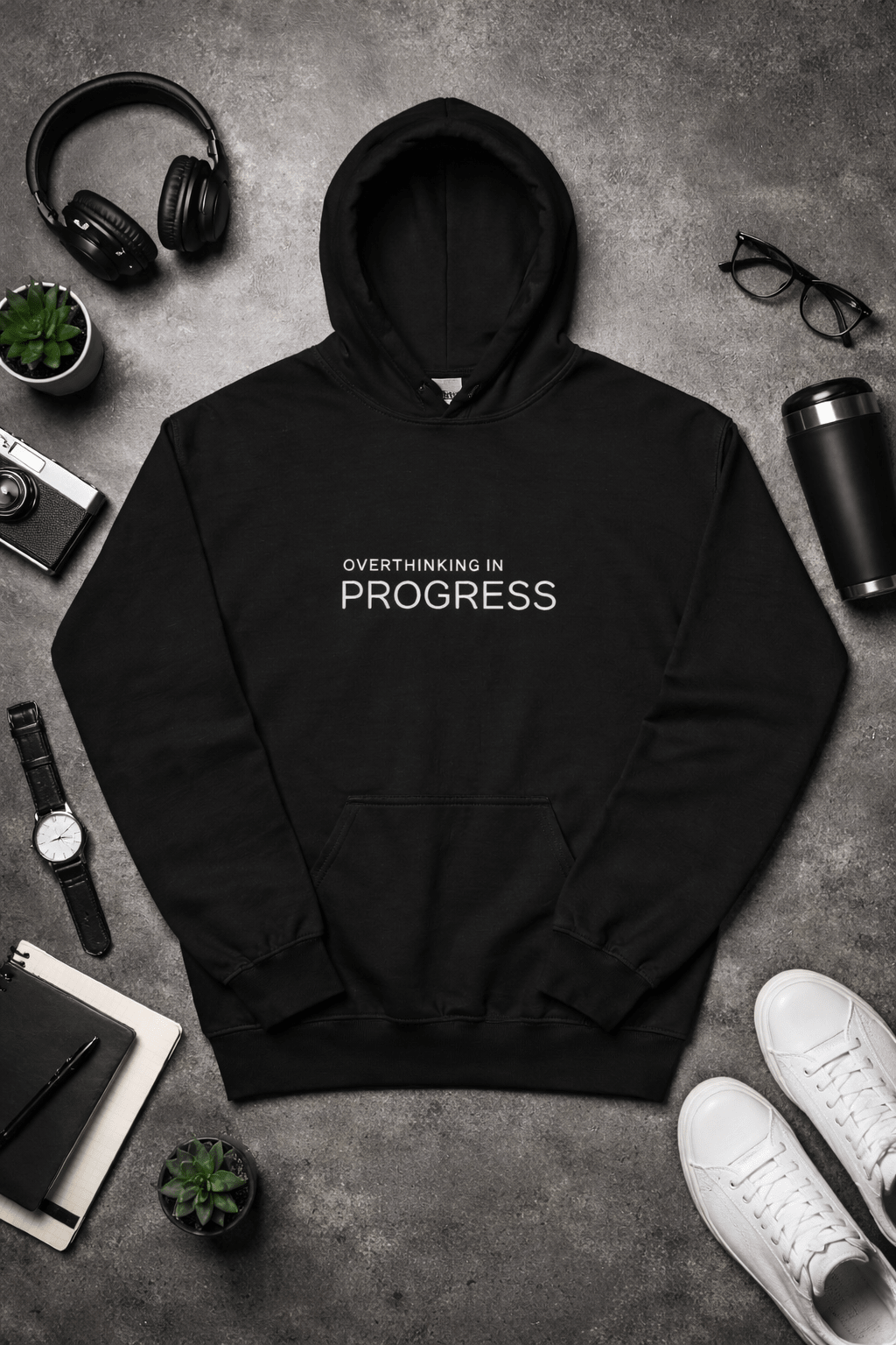 overthinking hoodie, mental health sweatshirt with minimal streetwear design