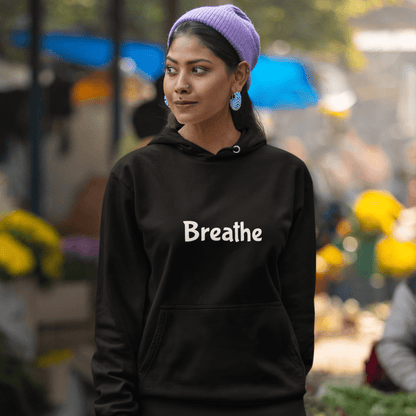 Breathe hoodie, mental health calm sweatshirt with minimal streetwear design