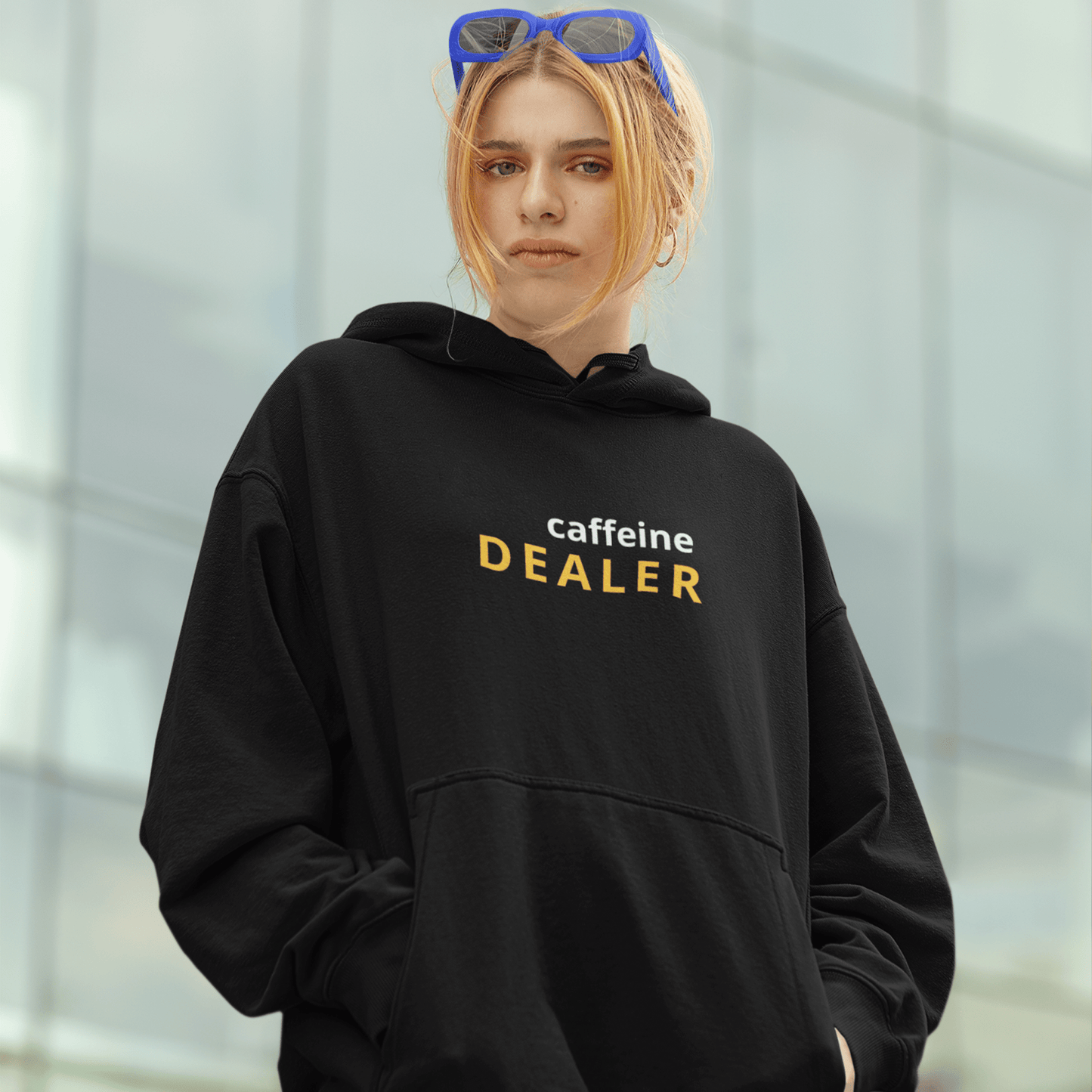 caffeine dealer hoodie, funny coffee lover sweatshirt with minimal streetwear design