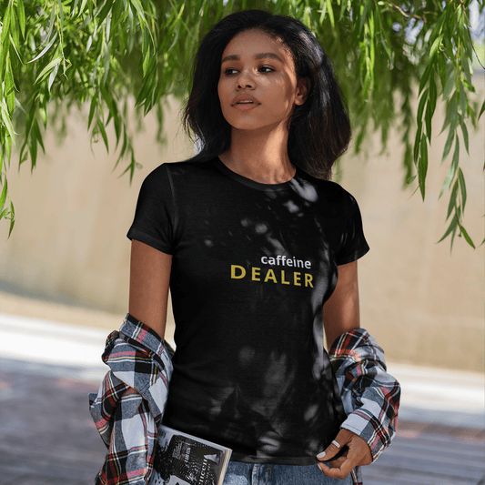 Caffeine Dealer t-shirt, funny coffee lover tee with minimal streetwear graphic design