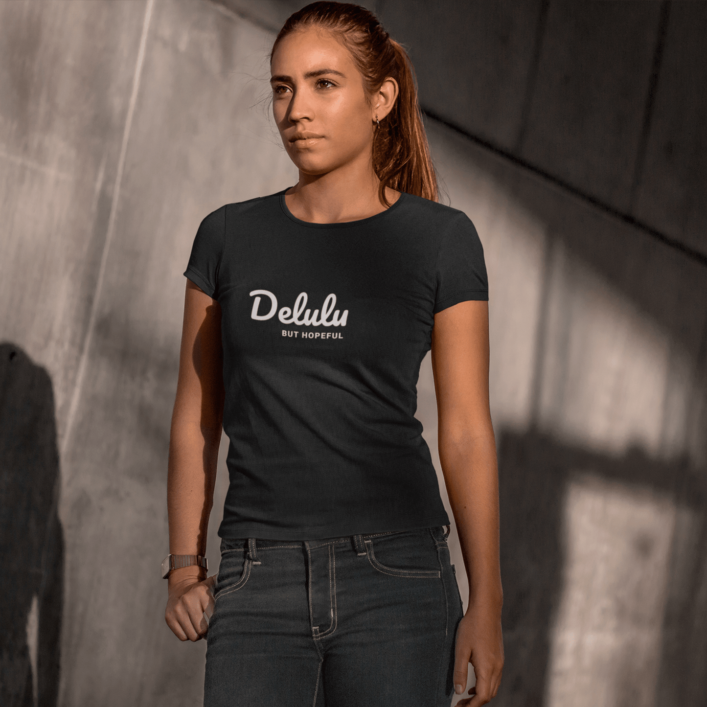 delulu but hopeful t-shirt, funny positive aesthetic graphic tee with minimalist streetwear design