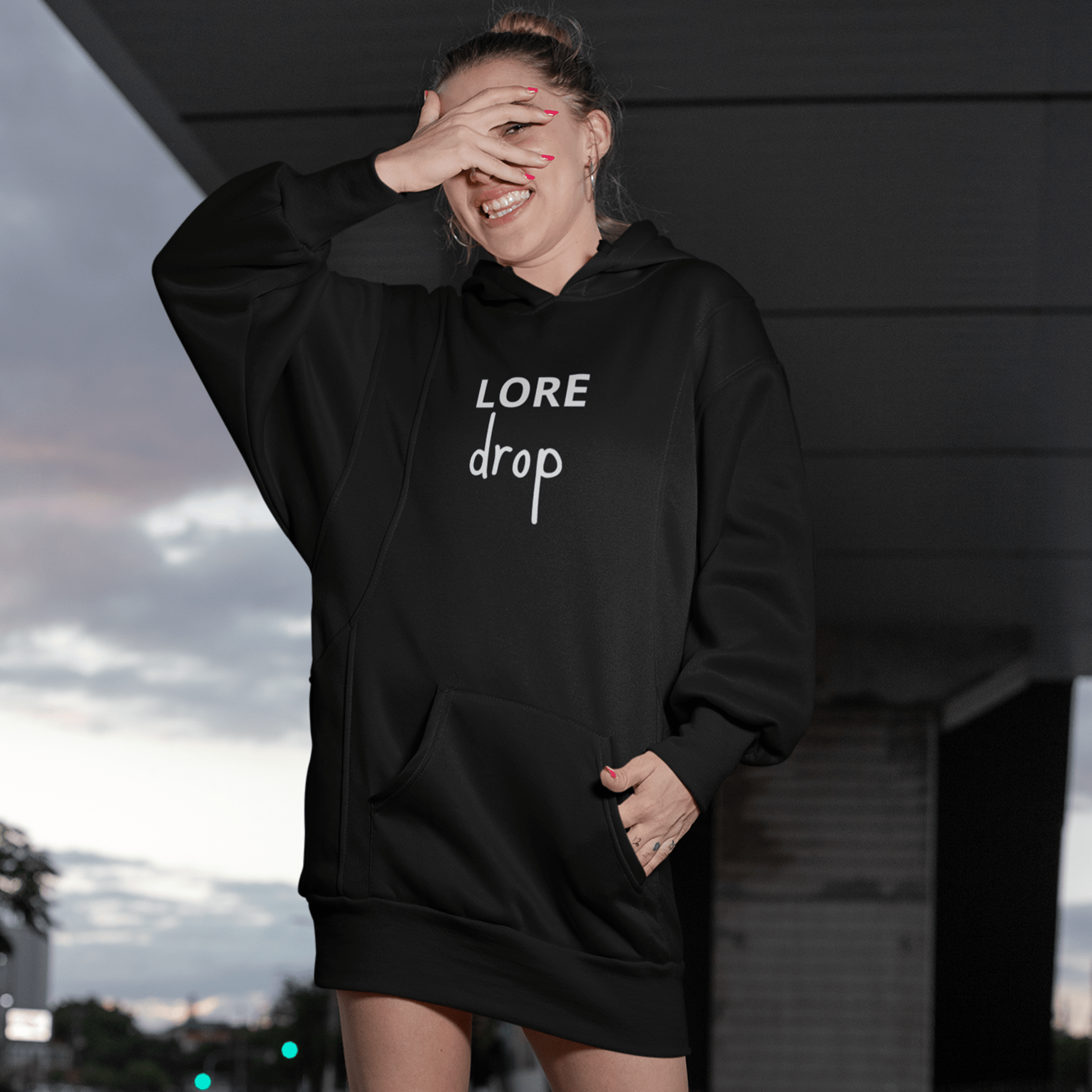 Lore Drop hoodie, trendy streetwear sweatshirt with viral graphic design