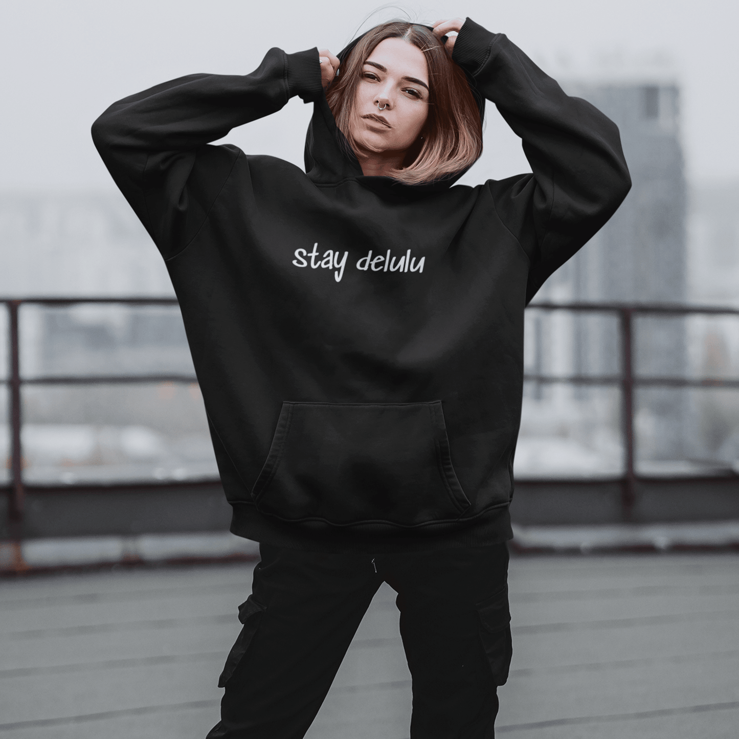 stay delulu hoodie, funny viral meme sweatshirt with minimalist streetwear design