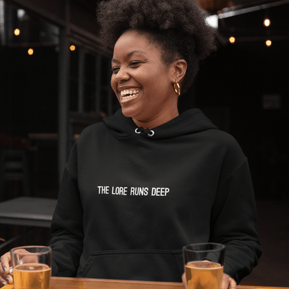 The Lore Runs Deep hoodie, meme sweatshirt with minimal streetwear design and internet humor graphic