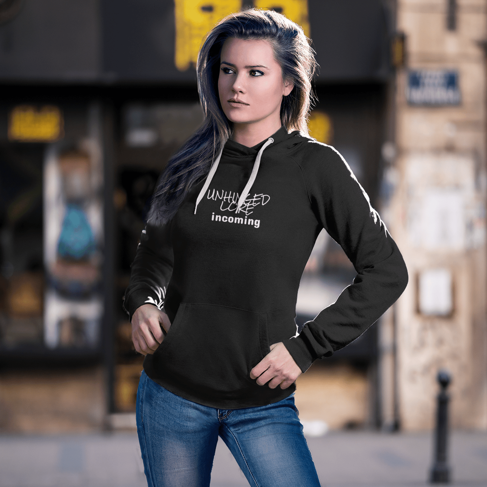 Unhinged Lore Incoming hoodie, funny chaos meme sweatshirt with minimal streetwear design