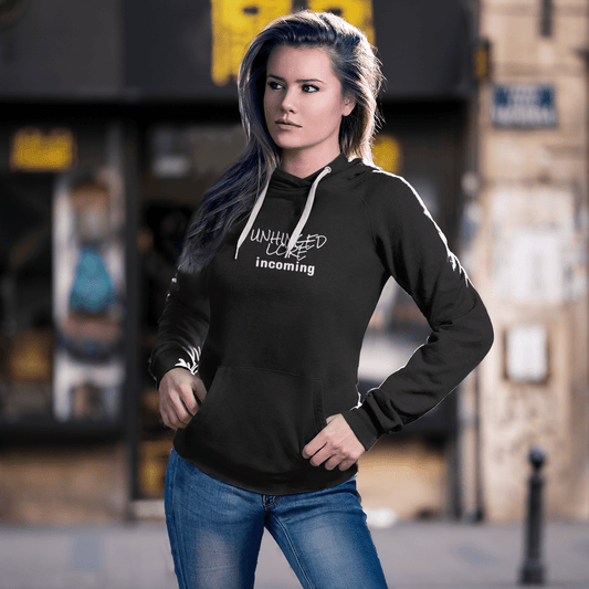 Unhinged Lore Incoming hoodie, funny chaos meme sweatshirt with minimal streetwear design