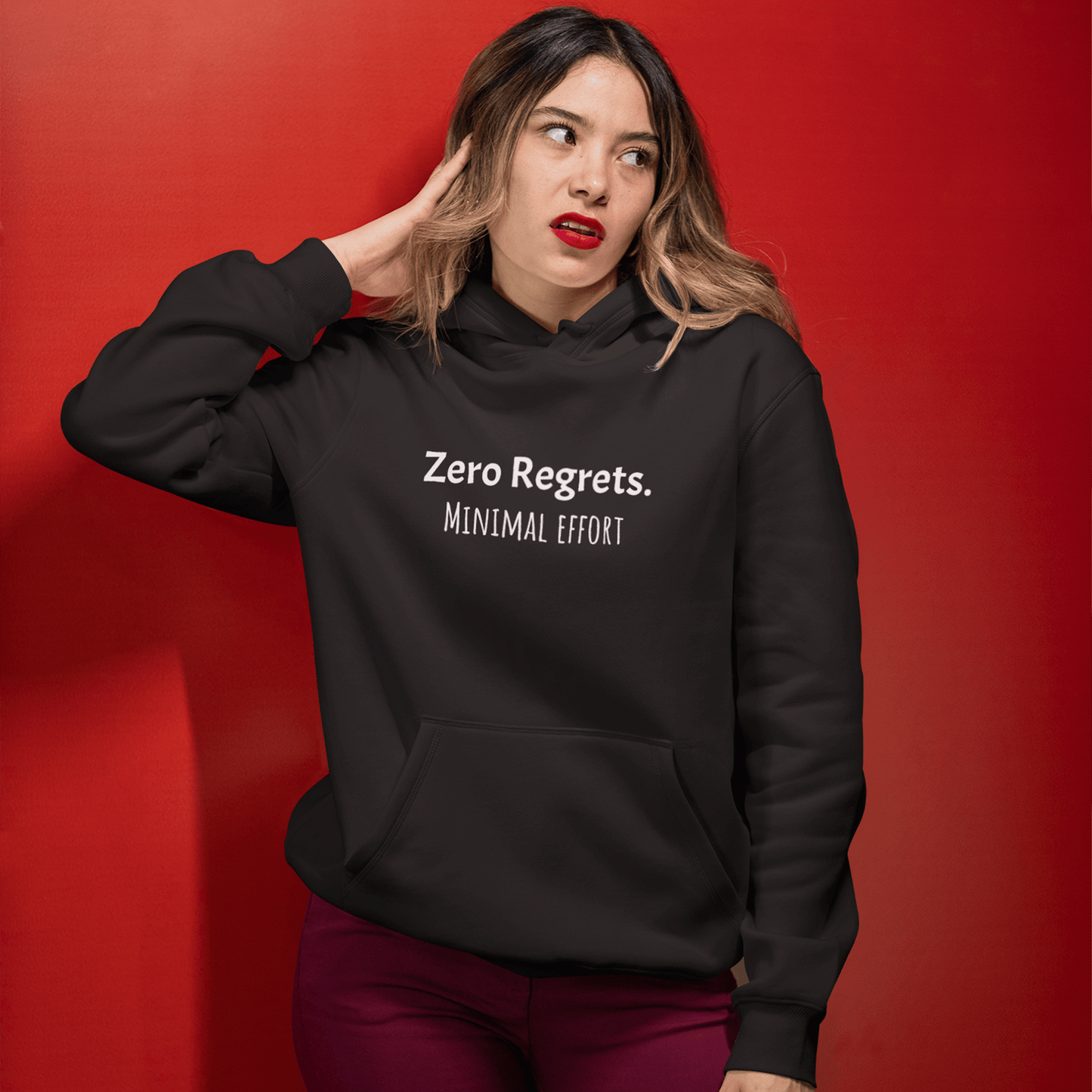 zero regrets minimal effort hoodie, funny lazy sweatshirt with relaxed streetwear style