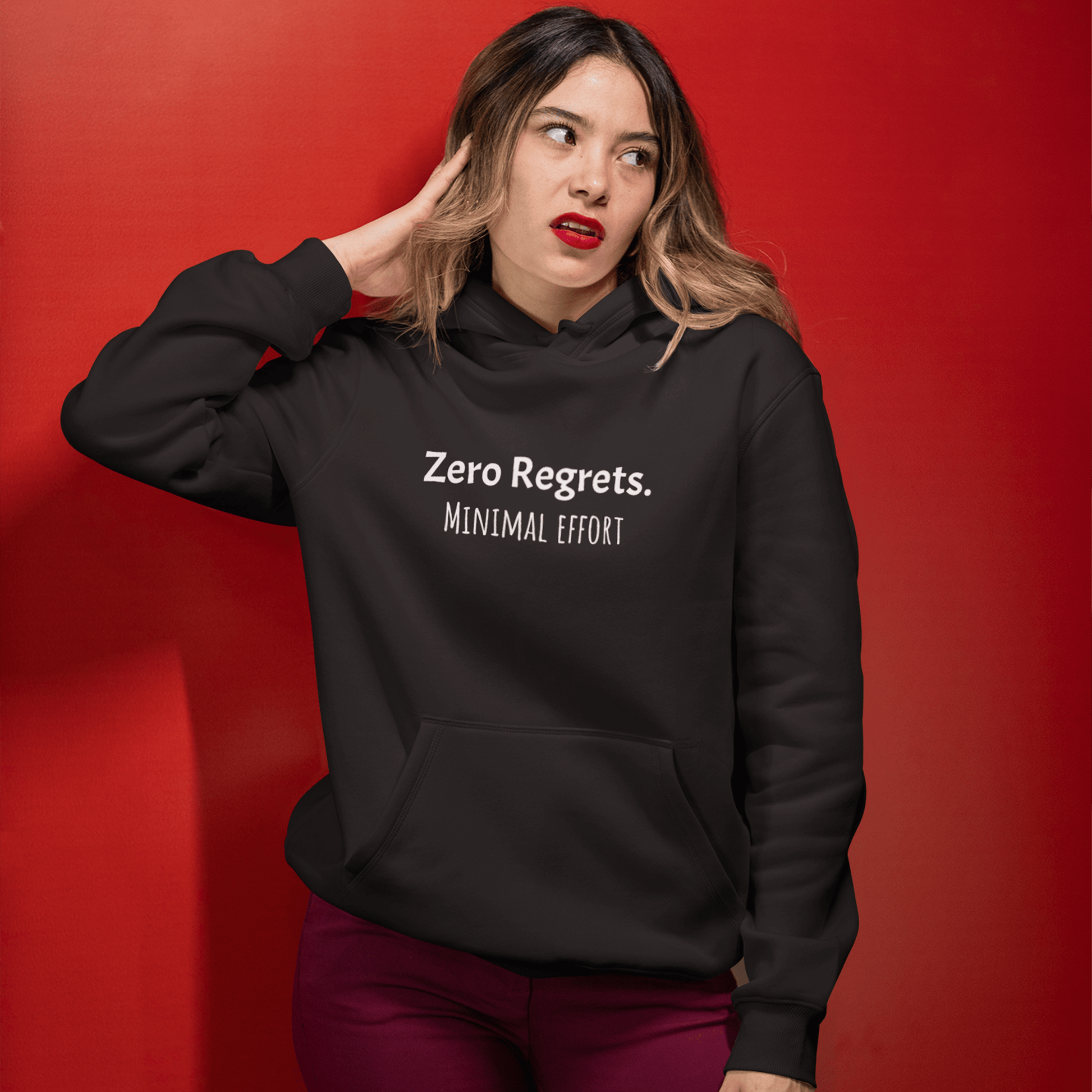 Zero Regrets Minimal Effort hoodie, funny lazy sweatshirt with relaxed streetwear style
