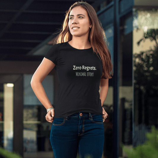 Zero Regrets Minimal Effort t-shirt, funny lazy humor graphic tee with casual streetwear style