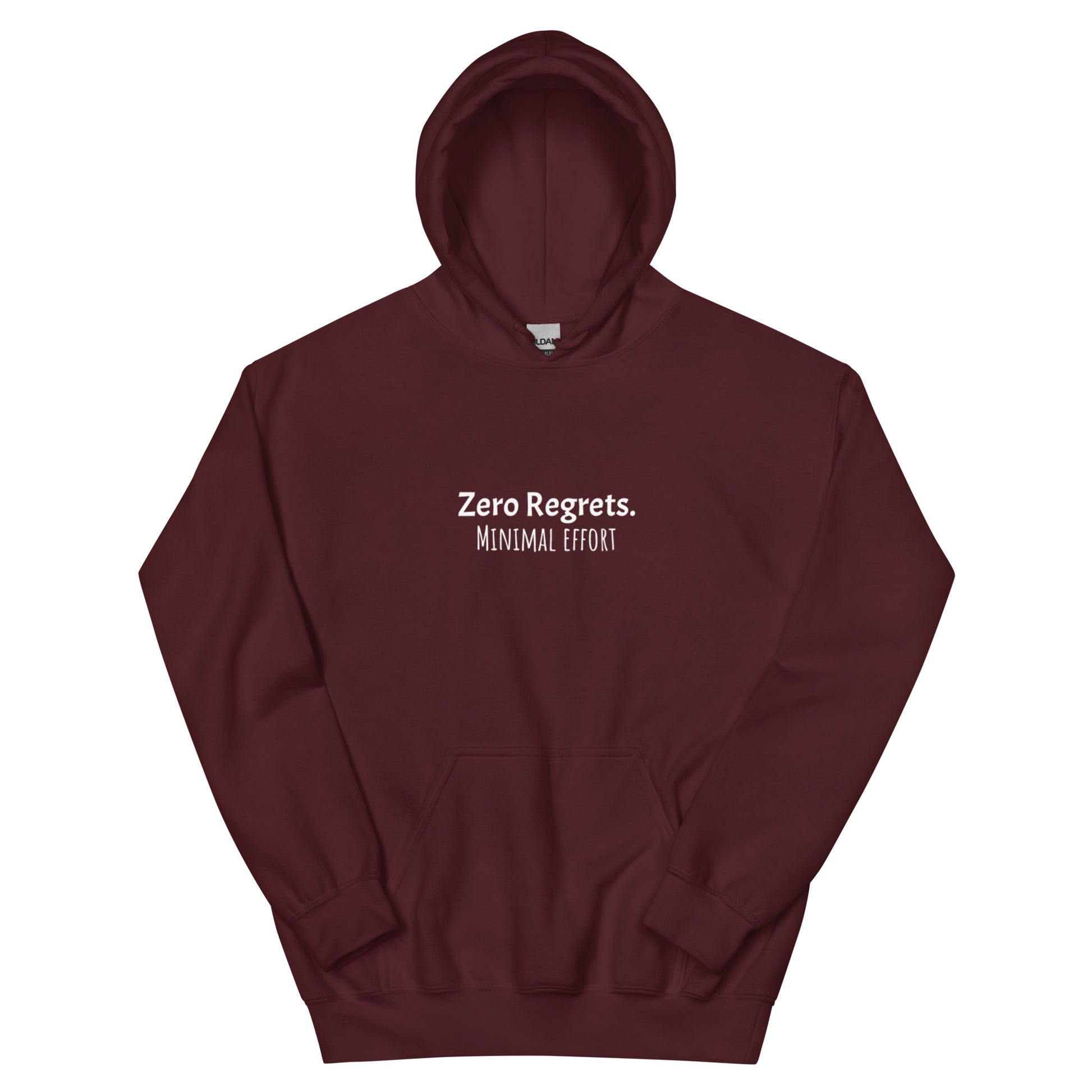 Zero Regrets Minimal Effort hoodie, funny lazy sweatshirt with relaxed streetwear style