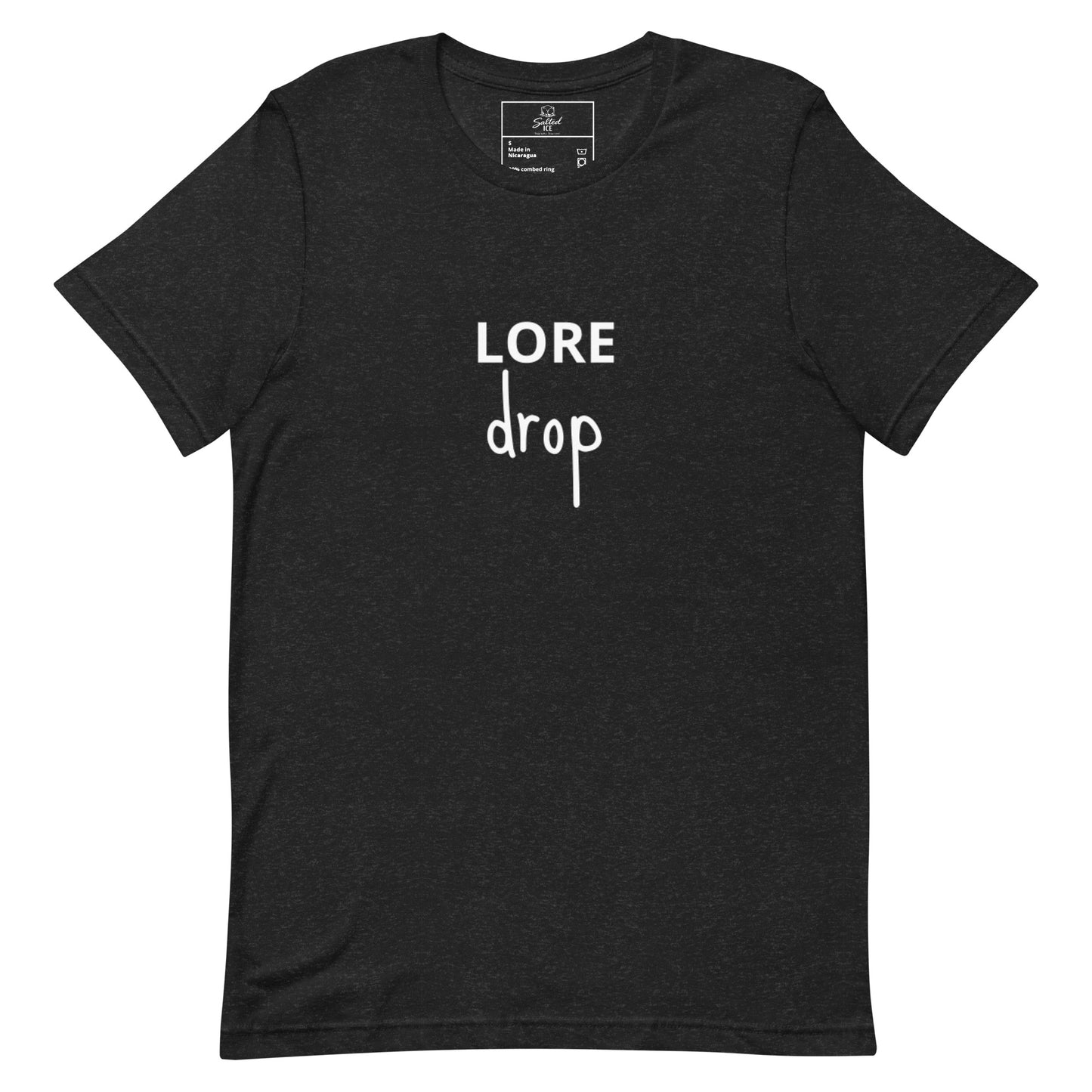 lore drop t-shirt, trendy streetwear graphic tee with viral meme design