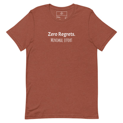 Zero Regrets Minimal Effort t-shirt, funny lazy humor graphic tee with casual streetwear style