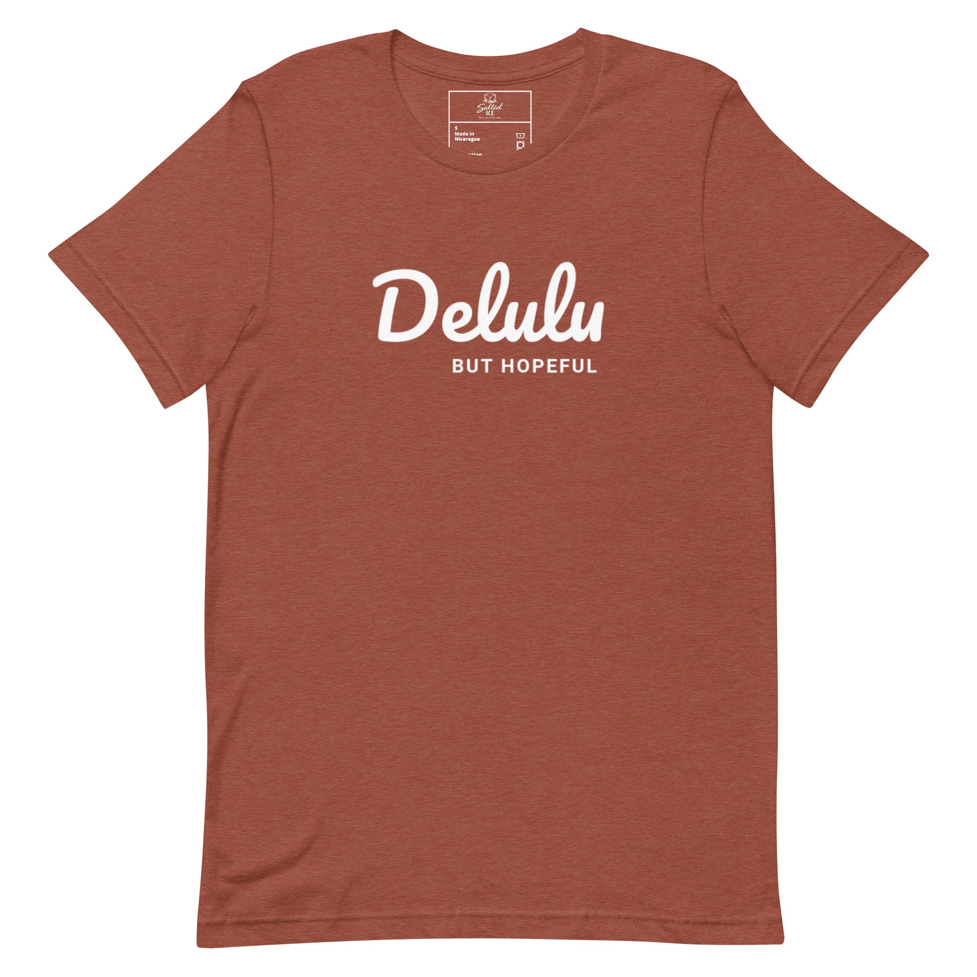 Delulu But Hopeful t-shirt, funny positive aesthetic graphic tee with minimalist streetwear design