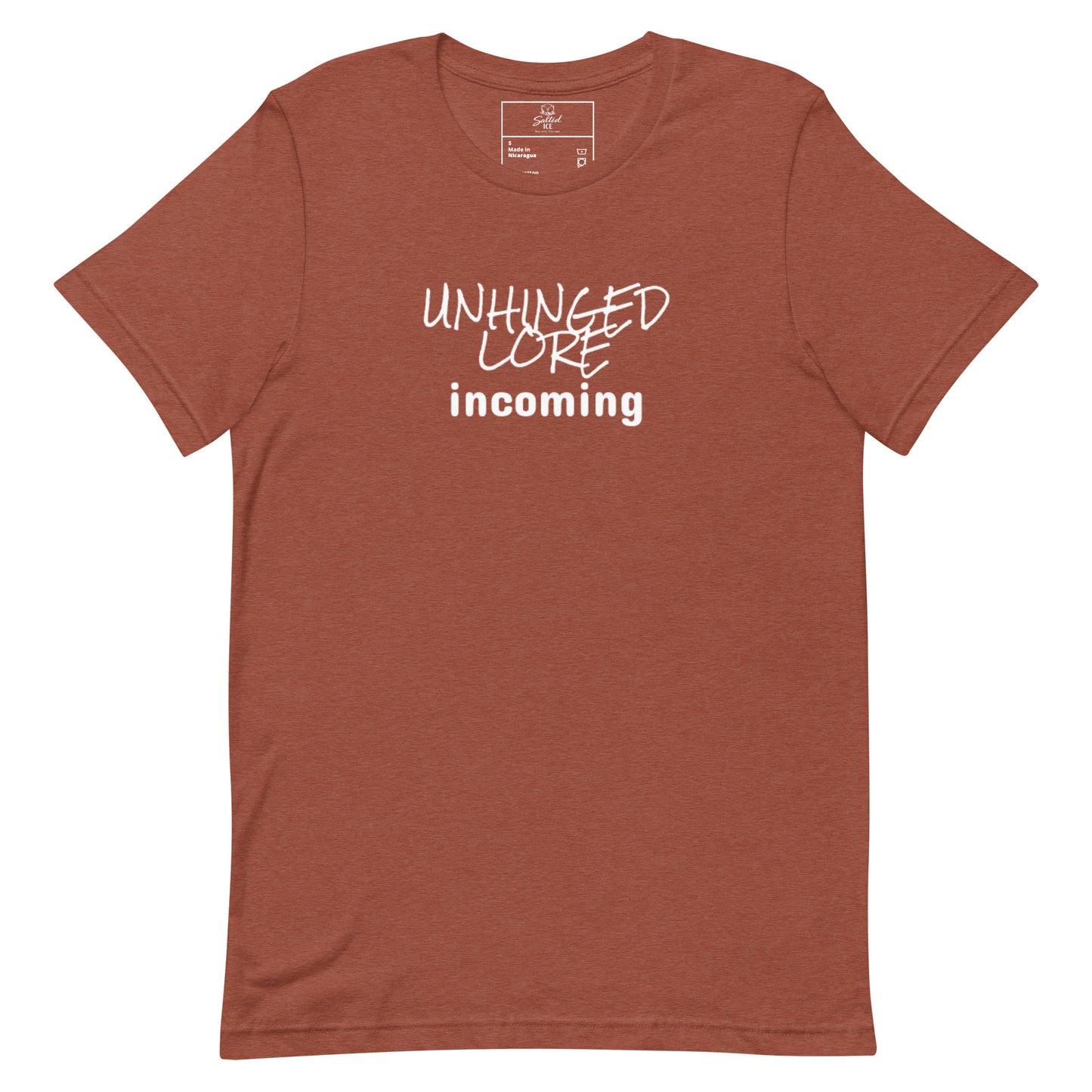 unhinged lore incoming t-shirt, chaos meme graphic tee with viral internet humor design