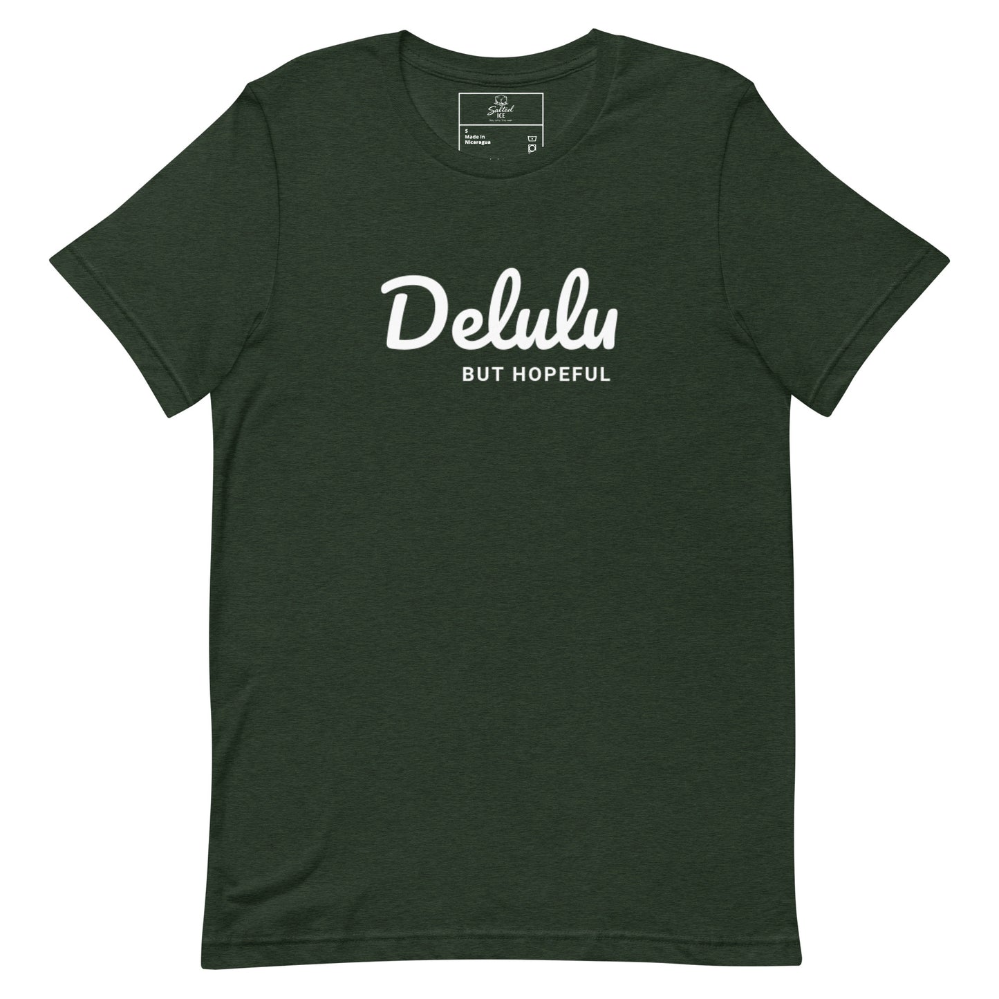 delulu but hopeful t-shirt, funny positive aesthetic graphic tee with minimalist streetwear design