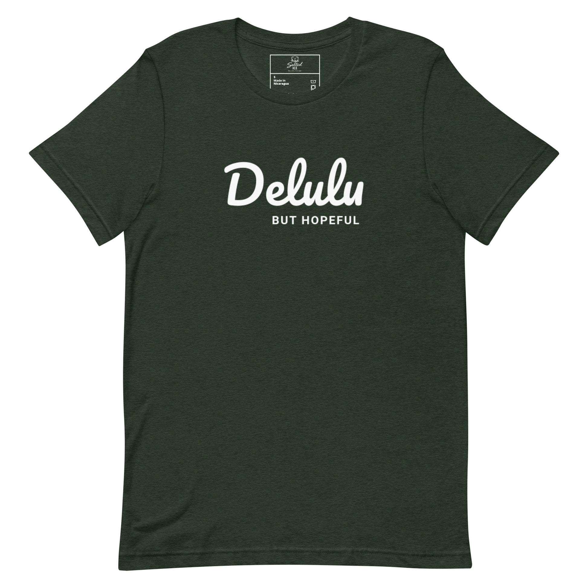 Delulu But Hopeful t-shirt, funny positive aesthetic graphic tee with minimalist streetwear design