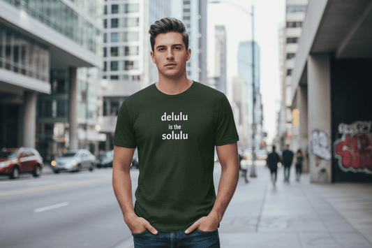 Delulu Is The Solulu t-shirt, viral meme positive affirmation graphic tee with minimal streetwear design