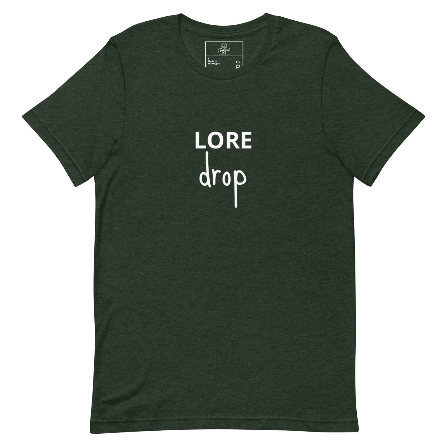 lore drop t-shirt, trendy streetwear graphic tee with viral meme design