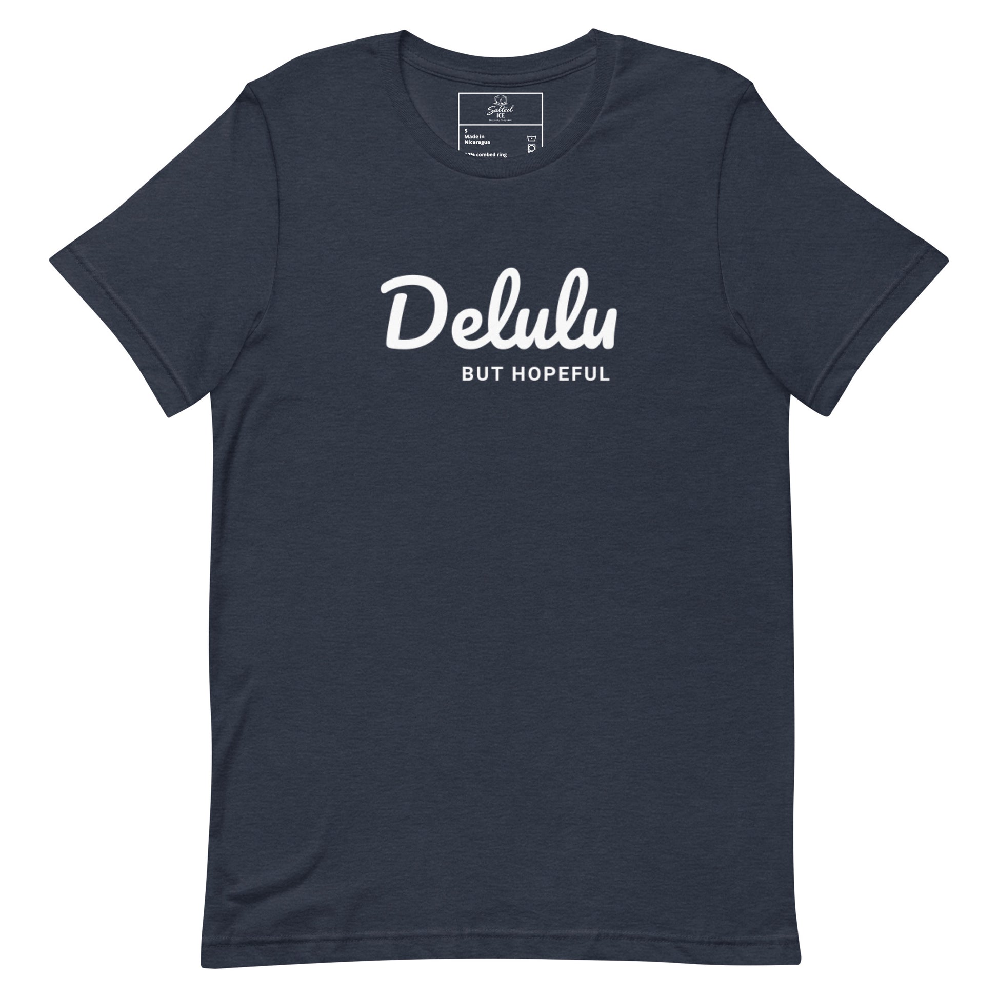 Delulu But Hopeful t-shirt, funny positive aesthetic graphic tee with minimalist streetwear design