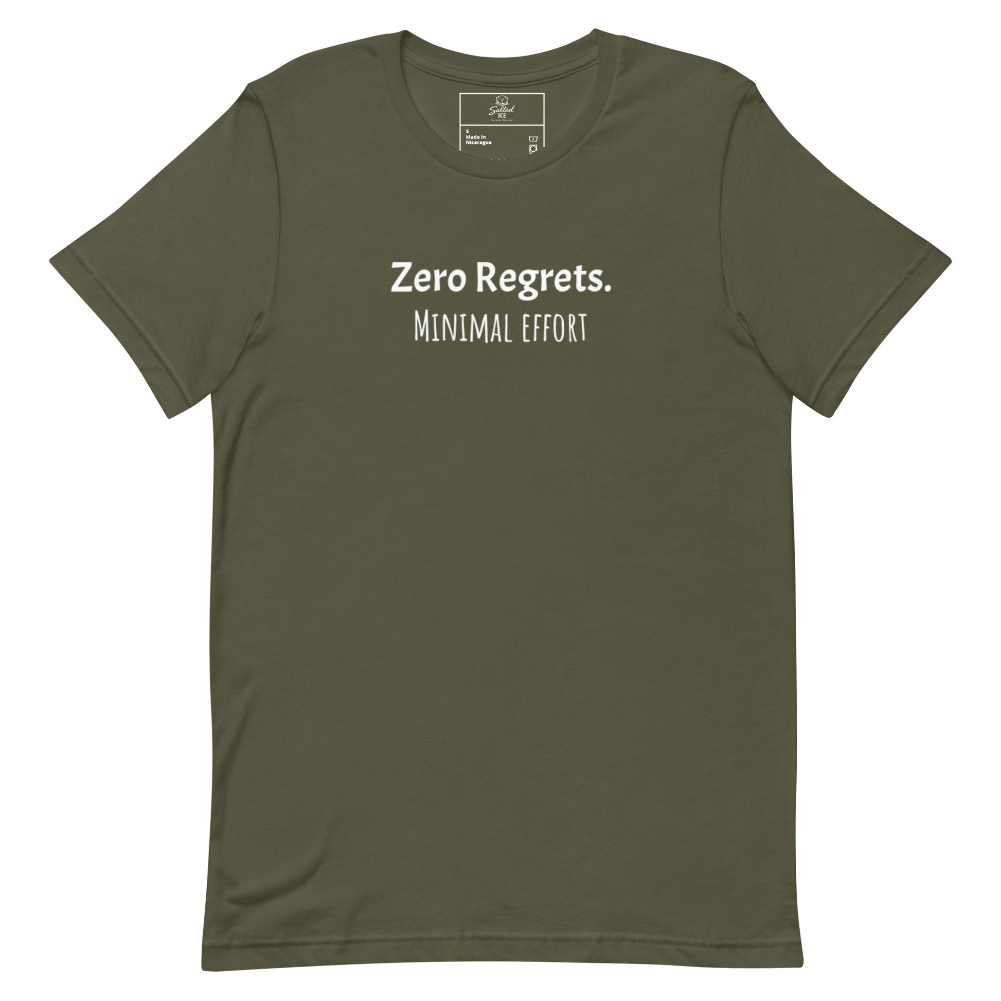 Zero Regrets Minimal Effort t-shirt, funny lazy humor graphic tee with casual streetwear style