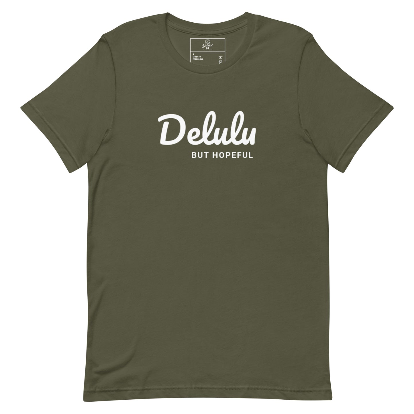 delulu but hopeful t-shirt, funny positive aesthetic graphic tee with minimalist streetwear design