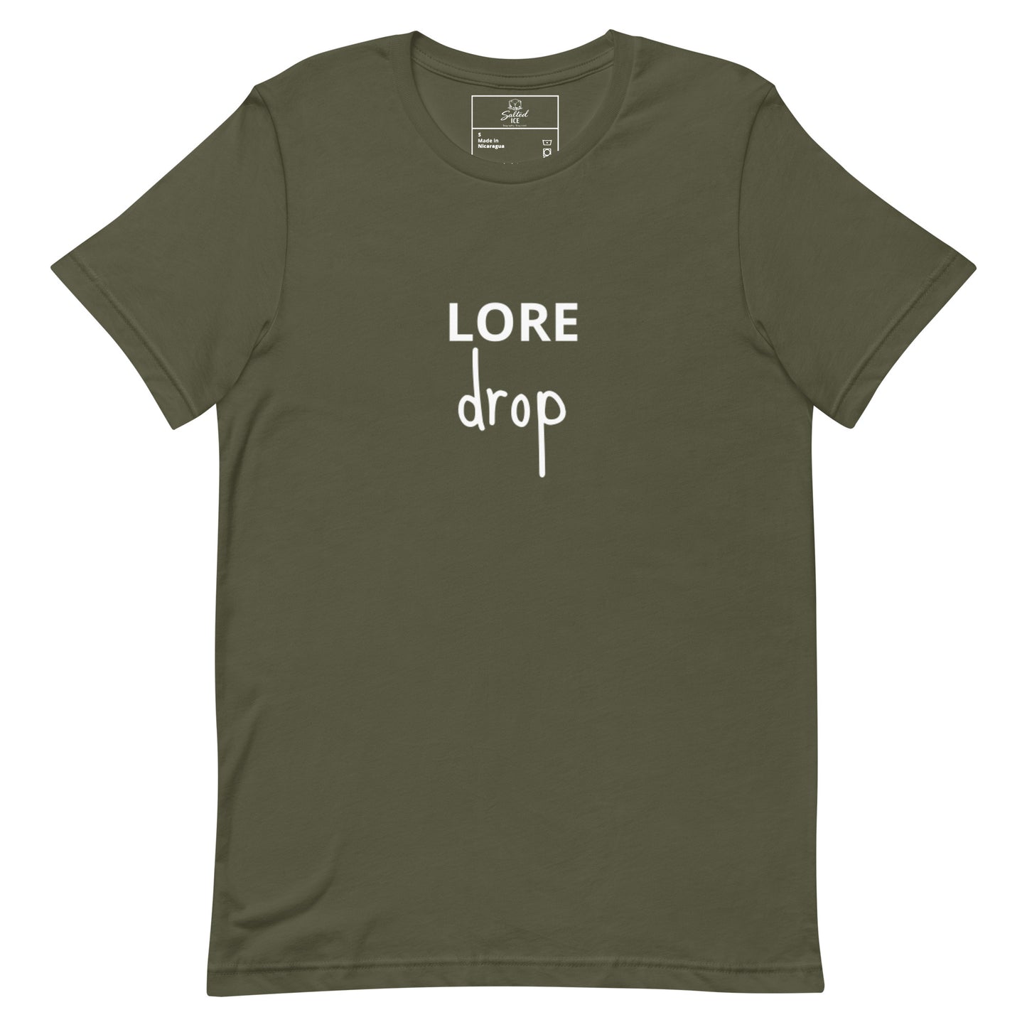 lore drop t-shirt, trendy streetwear graphic tee with viral meme design
