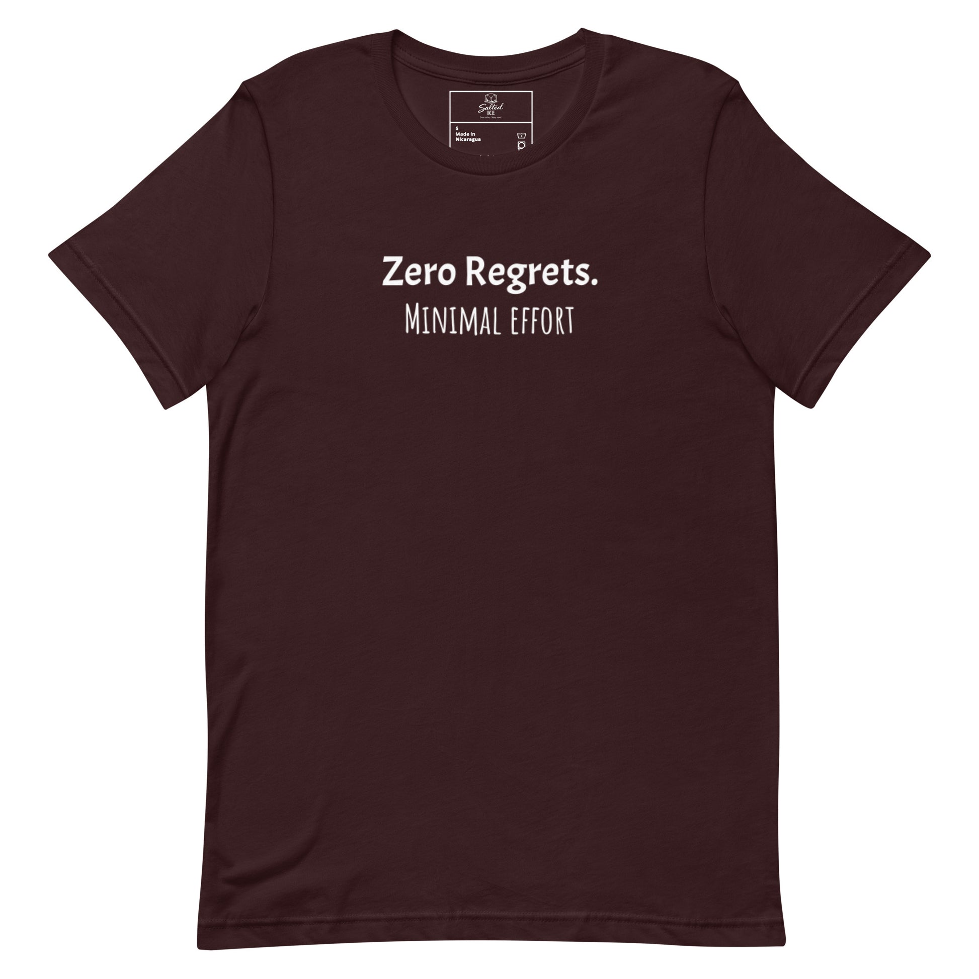Zero Regrets Minimal Effort t-shirt, funny lazy humor graphic tee with casual streetwear style