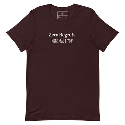 Zero Regrets Minimal Effort t-shirt, funny lazy humor graphic tee with casual streetwear style