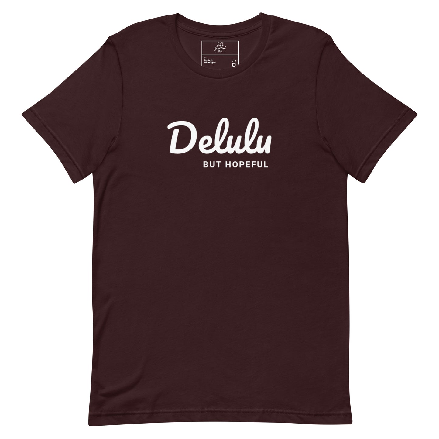 delulu but hopeful t-shirt, funny positive aesthetic graphic tee with minimalist streetwear design