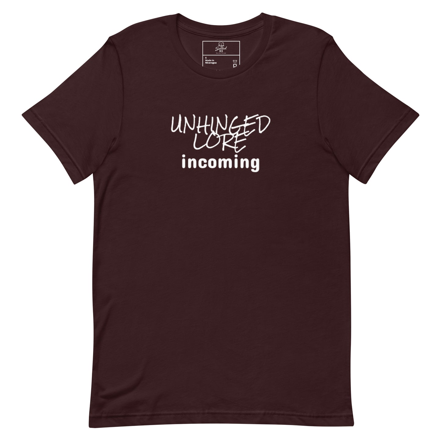 unhinged lore incoming t-shirt, chaos meme graphic tee with viral internet humor design